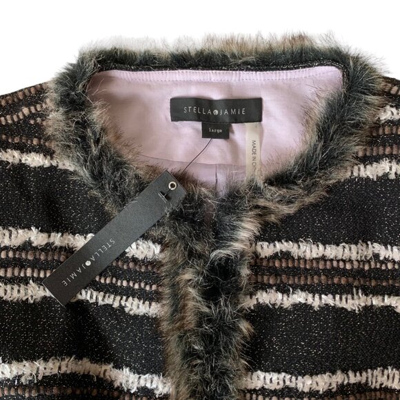 NWT Stella & Jamie Fur Trim Tweed Blazer Sz L Black White Striped Career Office - Picture 5 of 15